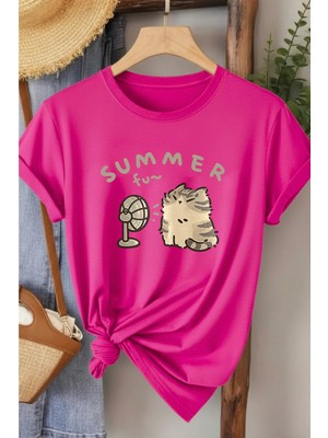 L'eivor Summer Fan Kedi Baskılı Kadın Pamuk T-Shirt