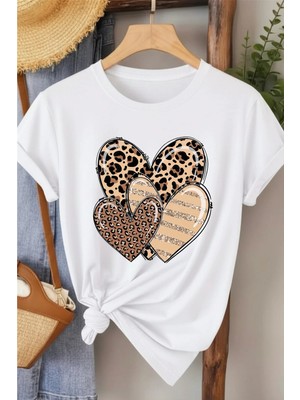 L'eivor Leopar Desenli Kalp Tasarım Baskılı Kadın T-Shirt