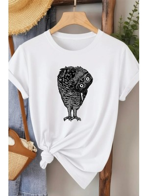 L'eivor Yan Bakan Baykuş Baskılı Kadın Pamuk T-Shirt