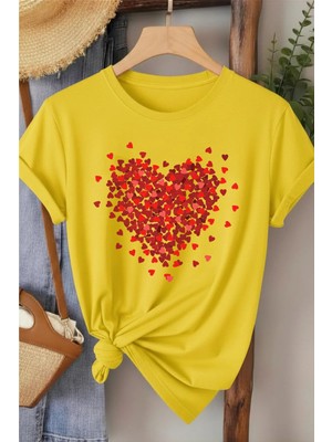 L'eivor Serpiştirilmiş Minimal Kalp Tasarım Baskılı Kadın Pamuk T-Shirt