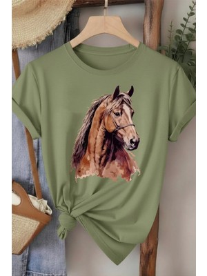L'eivor At Baskılı Kadın Bej Pamuk T-Shirt