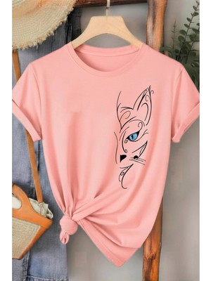 L'eivor Mavi Gözlü Kedi Minimal Tasarım Baskılı Kadın Pamuk T-Shirt