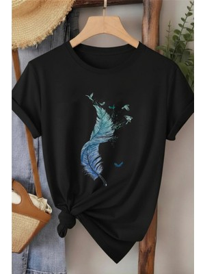 L'eivor Kuş Tüyü Tasarım Baskılı Kadın T-Shirt