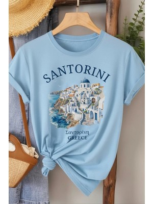L'eivor Santorini Greece Baskılı Kadın T-Shirt