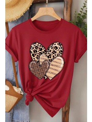 L'eivor Leopar Desenli Kalp Tasarım Baskılı Kadın T-Shirt