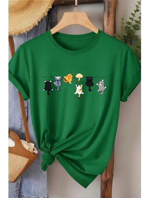 L'eivor Tırmanan Kediler Baskılı Kadın Beyaz Pamuk T-Shirt