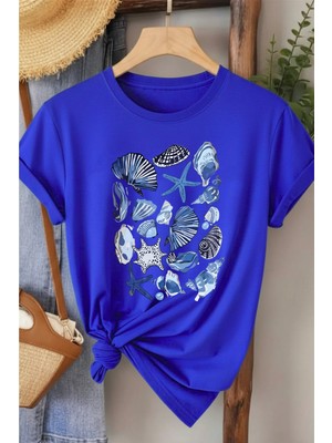 L'eivor Deniz Kabuğu & Deniz Yıldızı Baskılı Kadın Pamuk T-Shirt