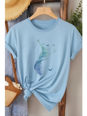 L'eivor Kuş Tüyü Tasarım Baskılı Kadın T-Shirt