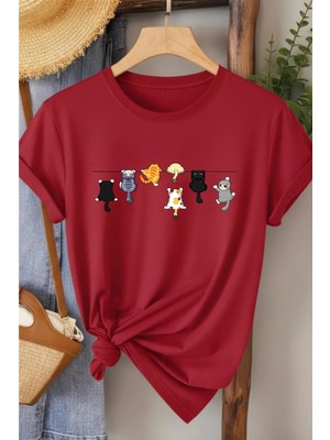 L'eivor Tırmanan Kediler Baskılı Kadın Beyaz Pamuk T-Shirt