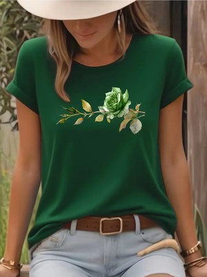 L'eivor Tekli Gül Dikenli Dal Tasarım Baskılı Kadın Pamuk T-Shirt