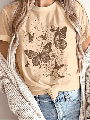 L'eivor Renk Uyumlu Kelebek Baskılı Kadın Bej Pamuk T-Shirt