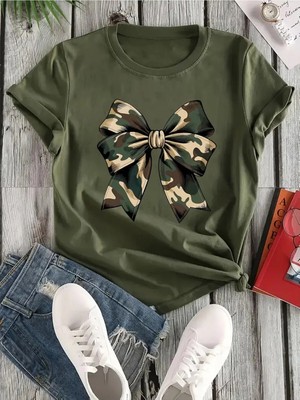 L'eivor Kamuflaj Desenli Kurdele Baskılı Kadın Haki Pamuk T-Shirt