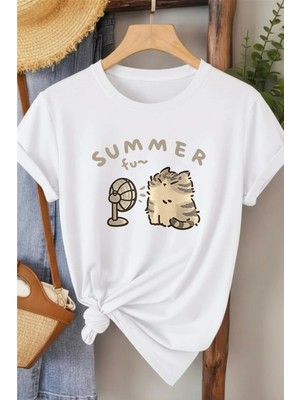 L'eivor Summer Fan Kedi Baskılı Kadın Pamuk T-Shirt