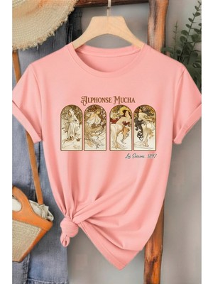 L'eivor Alphonse Mucha Baskılı Kadın Pamuk T-Shirt