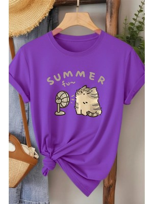 L'eivor Summer Fan Kedi Baskılı Kadın Pamuk T-Shirt