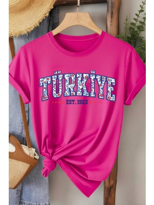 L'eivor Türkiye 1923 Özel Çini Tasarım Baskılı Kadın Pamuk T-Shirt