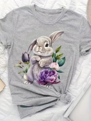 L'eivor Sevimli Tavşan Baskılı Kadın Gri Pamuk T-Shirt