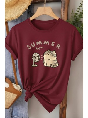 L'eivor Summer Fan Kedi Baskılı Kadın Pamuk T-Shirt