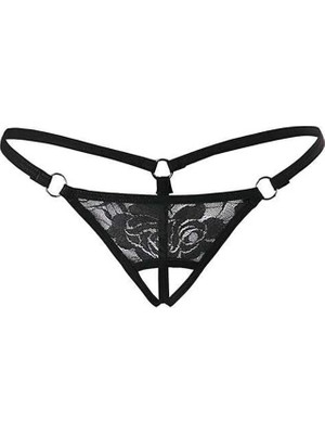 Aesco Siyah Dantelli Özel Bölgesi Açık G-String BRF1167