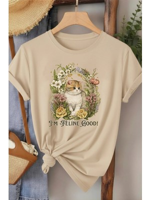 L'eivor I' M Feline Good Kedi Baskılı Kadın Pamuk T-Shirt