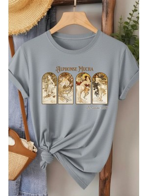 L'eivor Alphonse Mucha Baskılı Kadın Pamuk T-Shirt