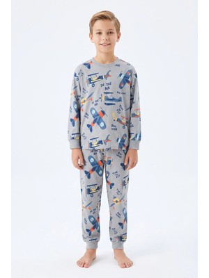 Bunny Hopp Erkek Çocuk Uzun Kollu Pijama Takımı %100 Pamuk Vintage Uçak Desenli Penye