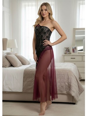 Aesco Bordo Dantelli Şifon Gecelik - 646