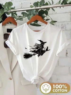 L'eivor Cadı & Süpürge Baskılı Kadın Pamuk T-Shirt