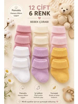 Baby Socks 12 Çift Çok Renkli Pamuklu Sıkmaz Bilekli Kız Bebek Çorabı 0-6 Ay