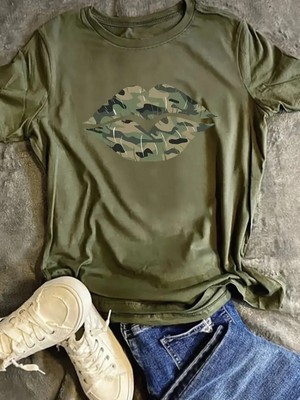 L'eivor Öpücük Askeri Kamuflaj Tasarım Baskılı Kadın Haki Yeşili Pamuk T-Shirt
