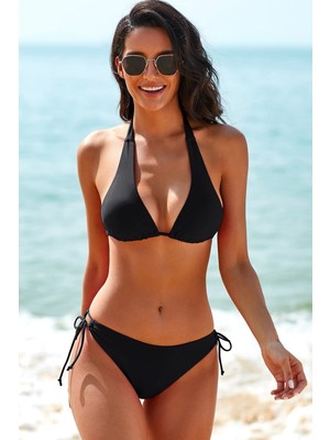 Aesco Kadın Siyah Belden, Boyundan Bağlamalı ve Ayarlanabilir Külotlu Üçgen Bikini Mayo Takımı