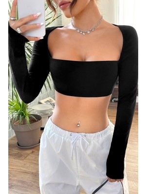 Aesco Kadın Siyah Uzun Kol Göğüs ve Sırt Dekolteli Crop Top Bluz
