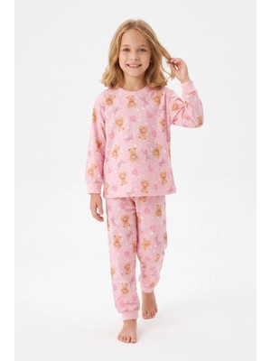 Bunny Hopp Kız Çocuk Uzun Kollu Pijama Takımı %100 Pamuk Ayıcıklı ve Kalp Desenli Penye