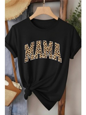 L'eivor Mama Leopar Desen Baskılı Kadın Pamuk T-Shirt