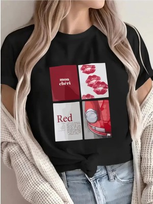 L'eivor Mon Cheri Red Baskılı Kadın Pamuk T-Shirt