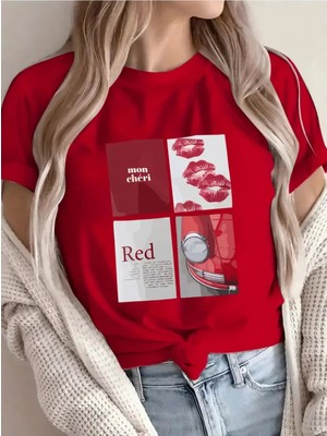 L'eivor Mon Cheri Red Baskılı Kadın Pamuk T-Shirt