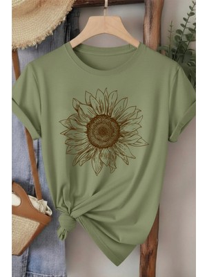 L'eivor Bej Ay Çiçeği Özel Tasarım Baskılı Kadın T-Shirt