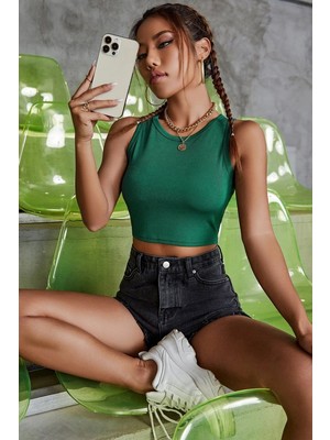 Aesco Kadın Yeşil Kare Yaka Crop Top Bluz