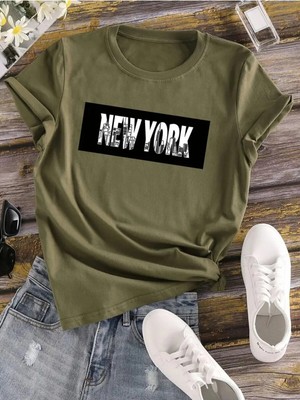 L'eivor New York Şehir Tasarım Baskılı Kadın Haki Yeşili Pamuk T-Shirt