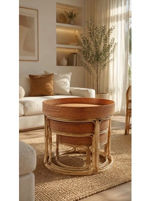 Üçlü Rattan Bambu Sehpa,üçlü Zigon Rattan Bambu Sehpa,üçlü Hasır Orta Sehpa