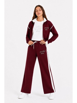 Cansın Mini Bordo Kız Çocuk Taşlı Dik Yaka Hırkalı Geniş Paça 3lü Alt Üst Takım 24744