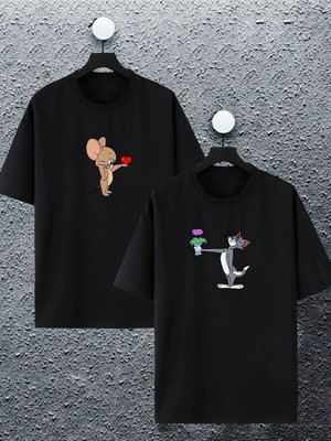 L'eivor Tom ve Jerry Çiçek & Kalp Temalı Sevgili Çift Kombini Tshirt 2'li Takım