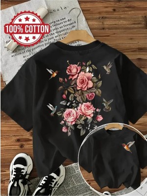 L'eivor Çiçek ve Kuş Sırt Baskılı Kadın Pamuk T-Shirt
