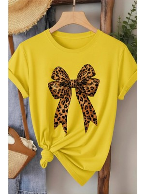 L'eivor Leopar Desenli Kurdele Baskılı Kadın Pamuk T-Shirt