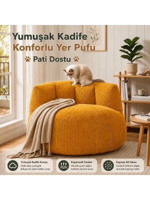 Puffiber Premium Yer Pufu Fitilli Kadife Tek Kişilik Relax Koltuk 94X76 cm