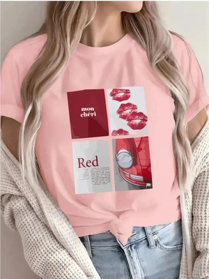 L'eivor Mon Cheri Red Baskılı Kadın Pamuk T-Shirt