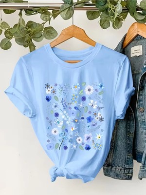 L'eivor Çoklu Çiçek Ana Renk Uyumlu Baskılı Kadın Pamuk T-Shirt