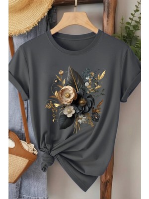 L'eivor Siyah Çiçek Buketi Özel Tasarım Baskılı Kadın T-Shirt