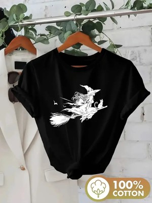 L'eivor Cadı & Süpürge Baskılı Kadın Pamuk T-Shirt