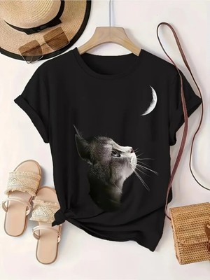 L'eivor Kedi & Hilal Tasarım Baskılı Kadın Pamuk T-Shirt